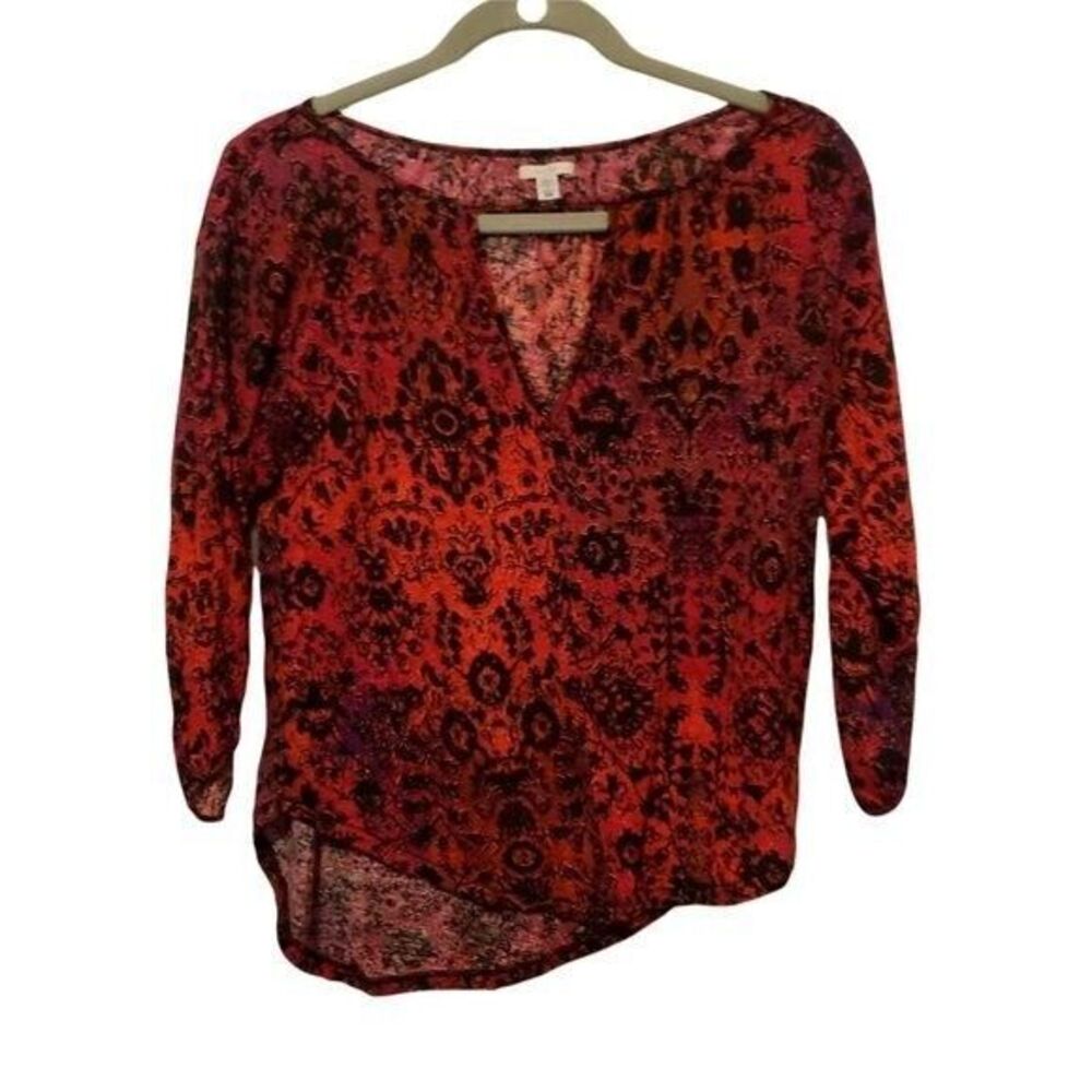 Ecote Womens Sz XS Red Black Geometric 3/4 Sleeve Blouse